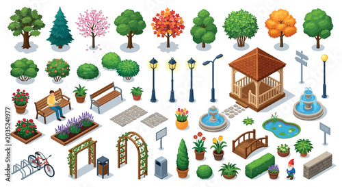 Fotografía Isometric park elements collection vector illustration with various garden featu