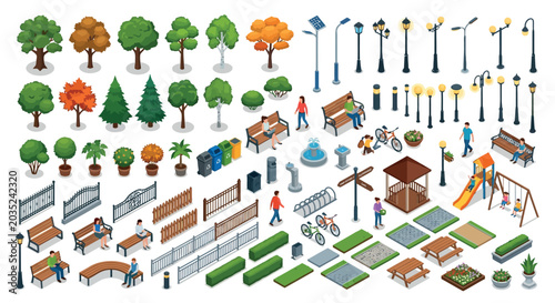 Isometric Park Elements Collection On White Background