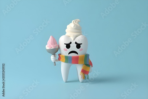Dental health matters as sweet chocolate syrup and cold ice cream sprinkles cause a sad tooth pain cavity emergency.
