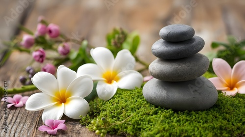 A serene arrangement of balanced stones surrounded by vibrant flowers on mossy wood.