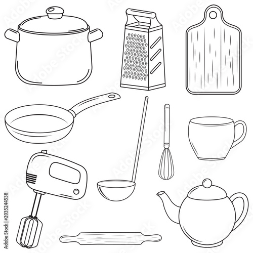 Comprehensive collection of various kitchen utensils, pots, pans, and tableware for cooking and dining illustrations.