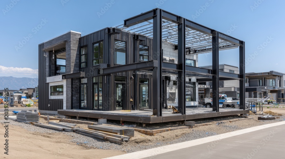 Naklejka premium Modern Minimalist House Under Construction with a Steel Frame Featuring Large Windows and Open Concept Design in a Residential Neighborhood