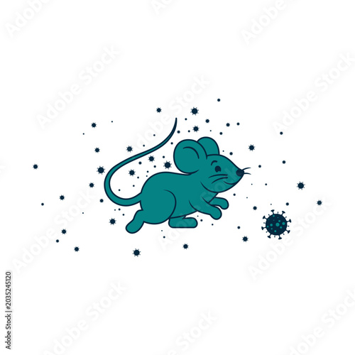Mouse with Virus Cells Vector. Cute cartoon rat surrounded by virus particles, representing rodent-borne disease transmission and public health risks.