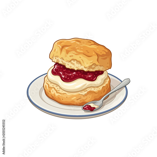 Flat vector illustration of an English scone with jam and cream, golden baked texture, isolated on pure white background, premium bakery vector style, clean details, soft gradients