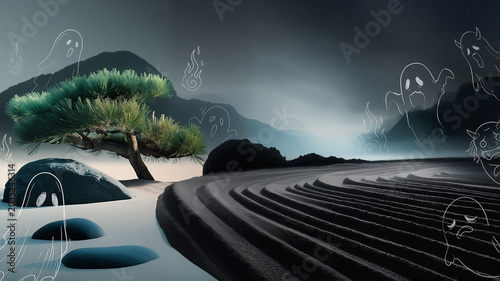 Japanese zen garden with raked black sand pine bonsai tree and doodle ghost spirit demon flame icons floating in misty mountain landscape