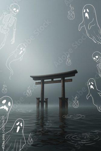 Torii gate standing in misty water surrounded by doodle ghost skeleton and flame icons in eerie japanese supernatural horror scene