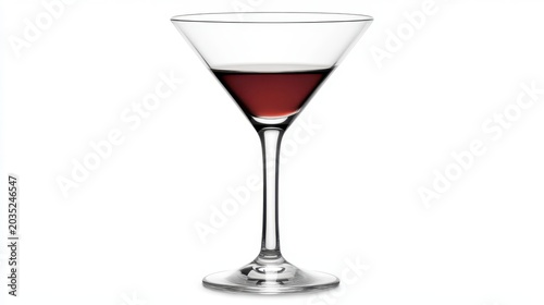 Martini glass with red cocktail liquid on white background side view