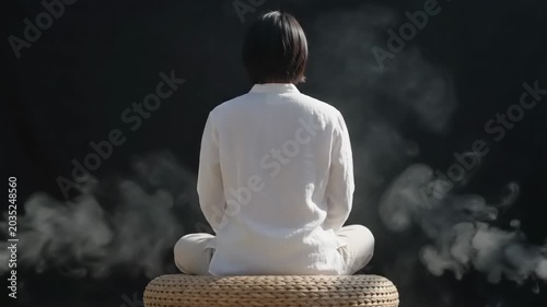 Woman meditating in lotus pose with steam rising, serene meditation, calm mind, spiritual practice, relaxation, wellness, inner peace, zen atmosphere