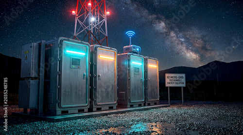 Weatherproof fuel cell cabinets at remote telecom station under starry night powered by green hydrogen technology ensure sustainable energy connectivity