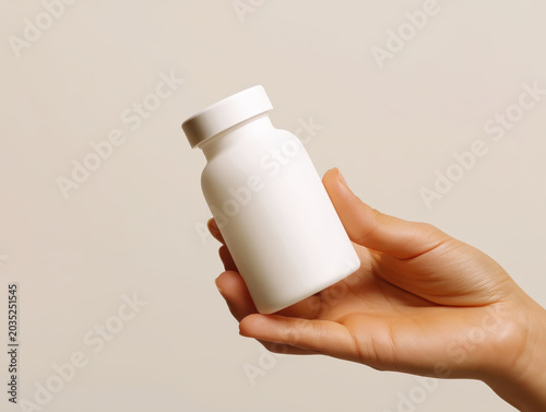 Close-up of hand presenting a blank white pill bottle, ideal for healthcare, pharmaceutical, or wellness branding