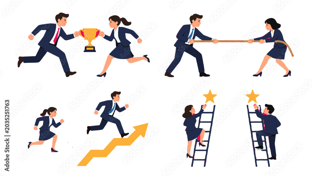 Naklejka premium Business people competing with trophy, rope, arrows and ladders