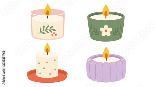 Foto Set of four decorative burning candles in simple flat style