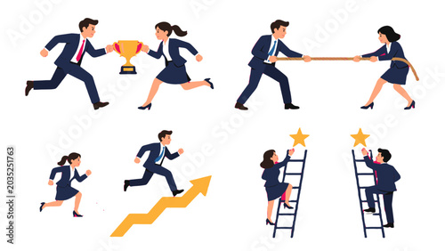 Business people competing with trophy, rope, arrows and ladders