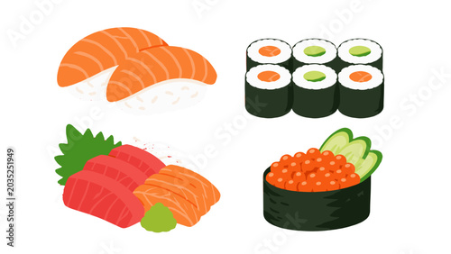 Bild auf Leinwand Cartoon sushi set with nigiri rolls sashimi and roe gunkan