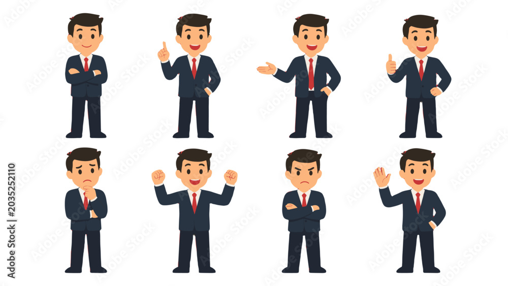 Fototapeta premium Cartoon businessman character set with different poses and gestures