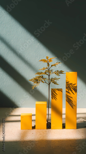 High angle shot of a green plant seedling next to a successful rising business revenue bar chart under bright natural sunlight, Generative AI illustrations.