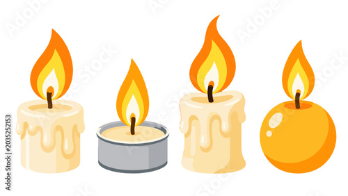 Canvastavla Set of cartoon candles with burning flames on white background
