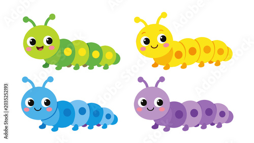 Canvastavla Set of four cute colorful cartoon caterpillars isolated
