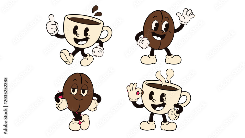 Obraz premium Cartoon coffee cup and bean mascot characters set