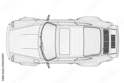 3D wireframe model of a retro sport truck displayed on a clean white background, revealing detailed structural lines and geometric vehicle features. Top view