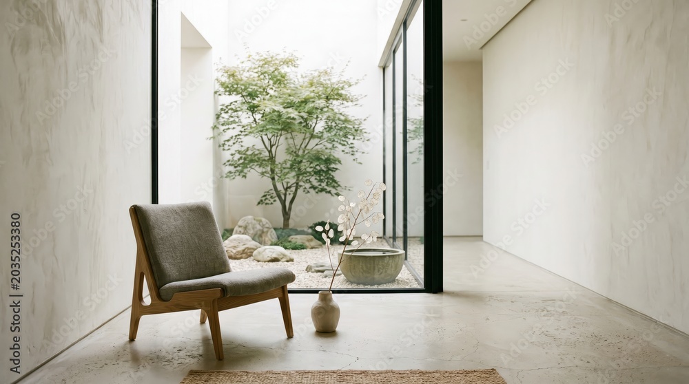 Fototapeta premium Organic Modern Interior with Wooden Chair and Ceramic Vase - AI Generated