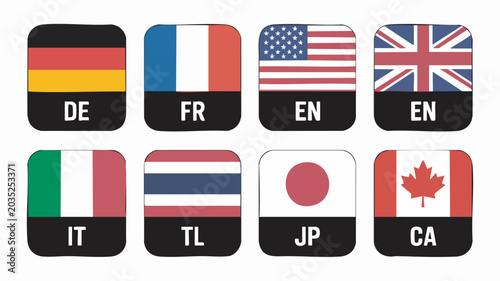 Canvastavla Collection of international language selector buttons featuring national flags a