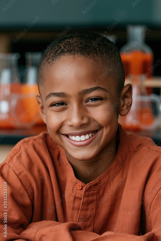 Obraz premium Smiling boy enjoying science experiment in classroom