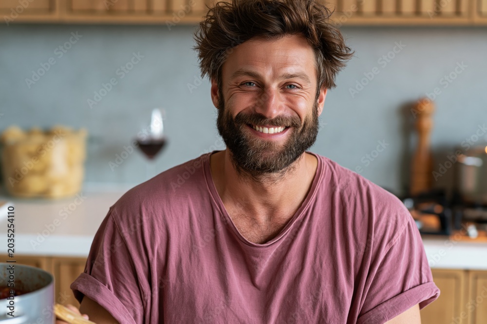 Obraz premium Bearded man laughing while preparing food in kitchen