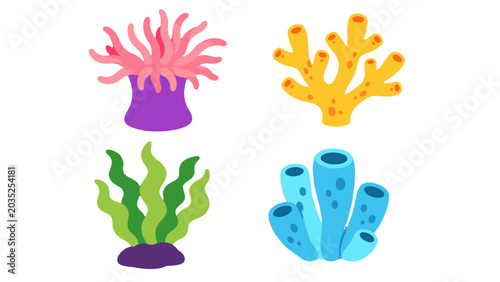 Bild auf Leinwand Cartoon marine plants and coral set on white background