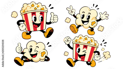 Bild auf Leinwand Cartoon popcorn bucket and kernel mascot characters set