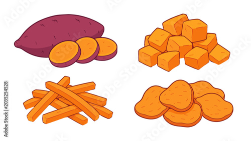Fotografie Cartoon sweet potato in whole, sliced, diced and fry pieces