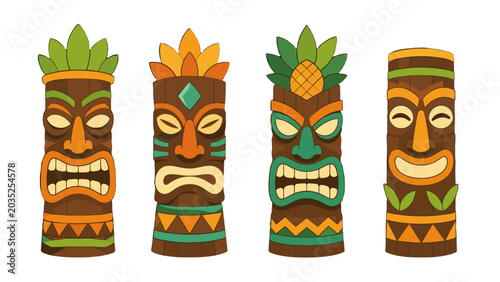 Bild auf Leinwand Cartoon tropical tiki totem masks isolated on white background