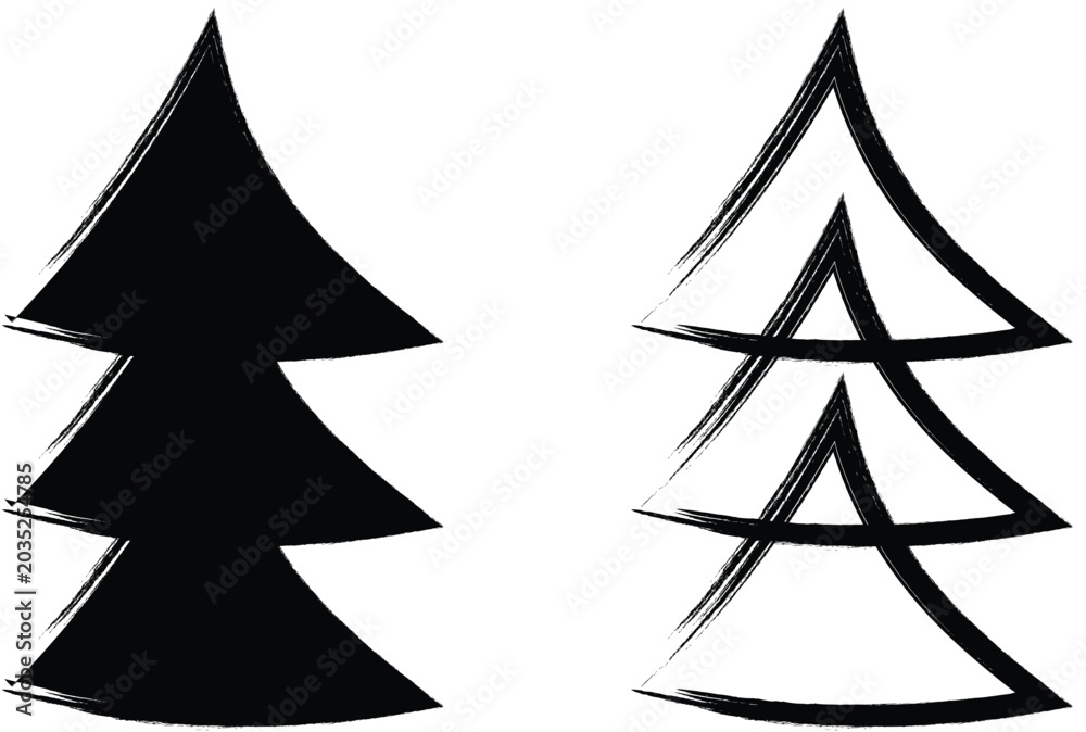 Obraz premium Minimalist brush stroke pine tree icons in solid black and outline vector style