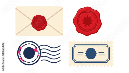 Tableau sur toile Vintage mail elements with envelope wax seal postmark and stamp