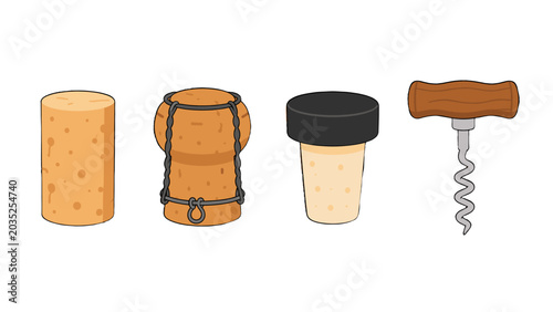 Fotografie Cartoon bottle corks and corkscrew isolated on white