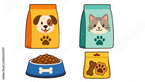 Fotografia Pet food packages and bowl with dog and cat cartoon icons