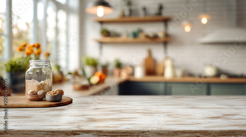 Empty white wooden tabletop with blurred cozy home kitchen background jar of oats mockup