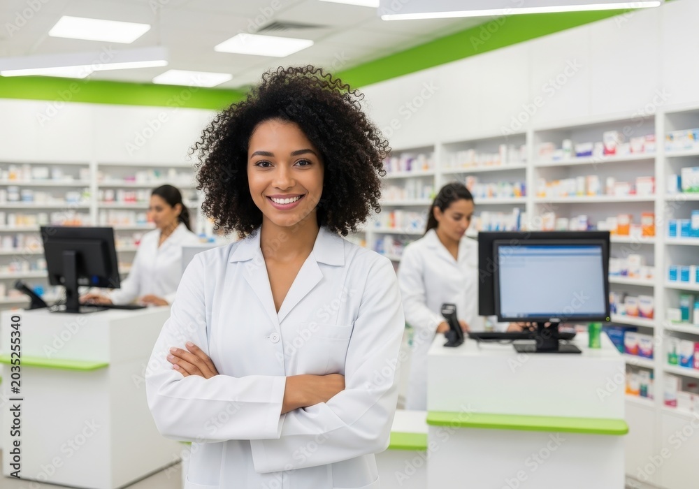 Obraz premium Smiling Professional African American Female Pharmacist Standing with Arms Crossed in Modern Pharmacy Store