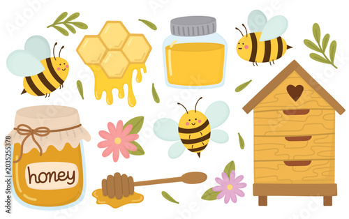 Colorful illustration with cute bees, honey jars, flowers, leaves and a wooden beehive. Set with natural organic products