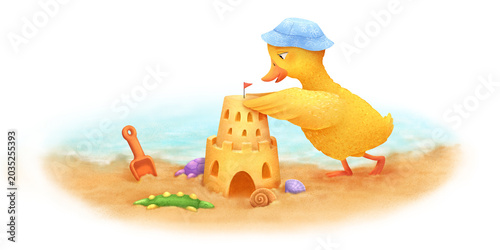 Photos A watercolor illustration with a children's character, a duckling, building a sand castle on the seashore