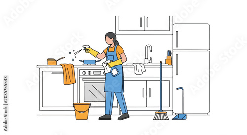 Person cleaning a modern kitchen floor with mop and cleaning supplies in a tidy home.