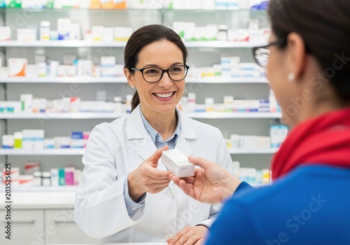 Smiling Professional Female Pharmacist Handing Medication Box to a Customer in a Modern Drugstore
