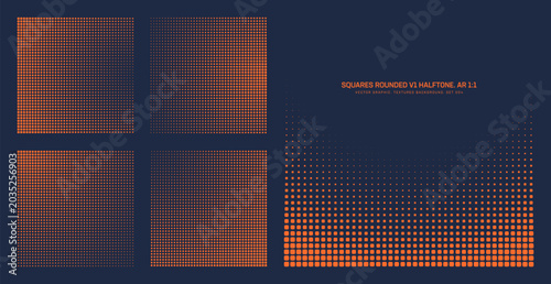 Assorted vector orange dark blue rounded squares grid halftone pattern set in square 1:1 aspect ratio including smooth rounded border and various radial textures. Varied half tone design elements