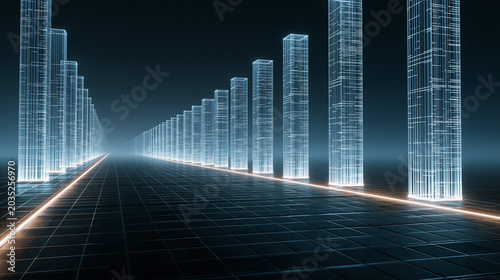 Futuristic Digital Road with Glowing Data Pillars and Luminous Pathway, a Technology Concept Background