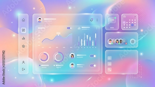Modern Glassmorphism UI Dashboard: Charts, Icons, User Profiles, Calendar, Chat, Bokeh Lights