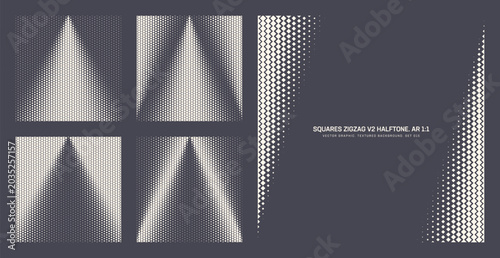 Assorted vector squares zigzag grid graphite hues halftone pattern set in square 1:1 aspect ratio including diagonal tilted frame and various cone shaped textures. Half tone graphical design elements