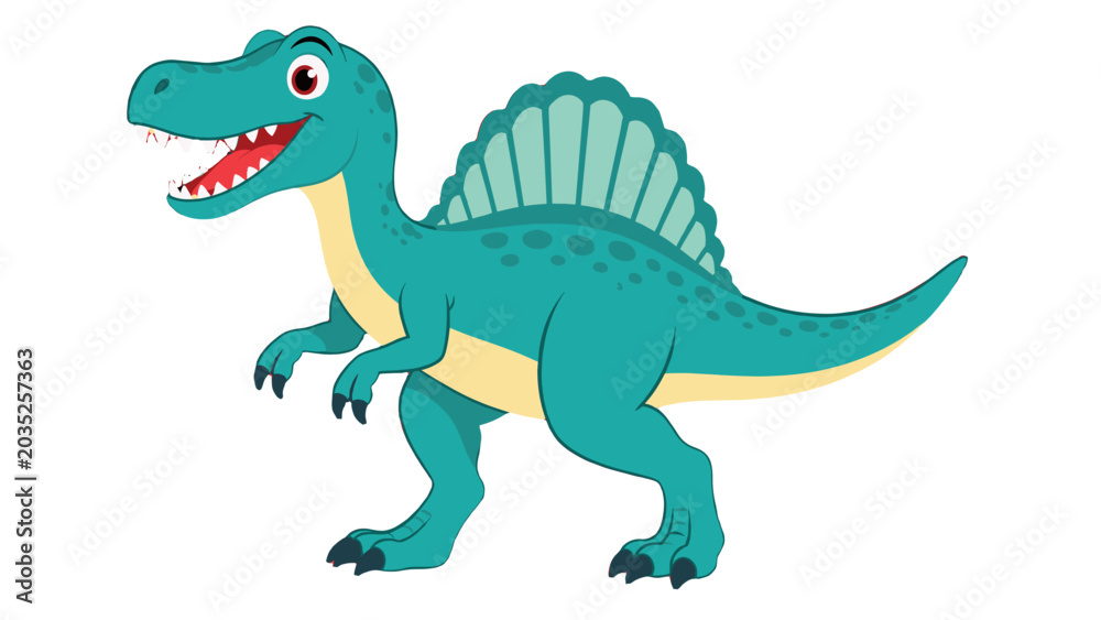 Fototapeta premium Cute turquoise spinosaurus cartoon dinosaur on white background