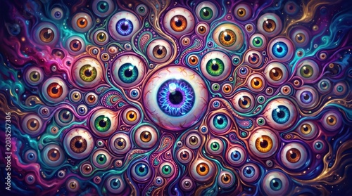 Abstract artwork of numerous colorful eyes with intricate details and patterns.