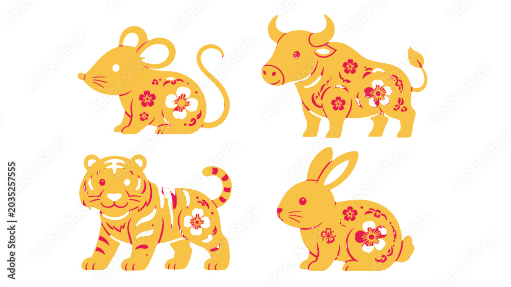 Obraz premium Floral zodiac animal illustrations of rat, ox, tiger and rabbit
