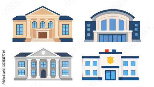 Set of public building facades in flat vector style